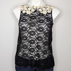 ✨3/$15 E by Eloise black cream lace Peter Pan collar tank top XS